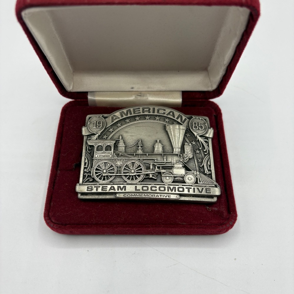 1985 American Steam Locomotive Commemorative Belt Buckle Train Railroad Box